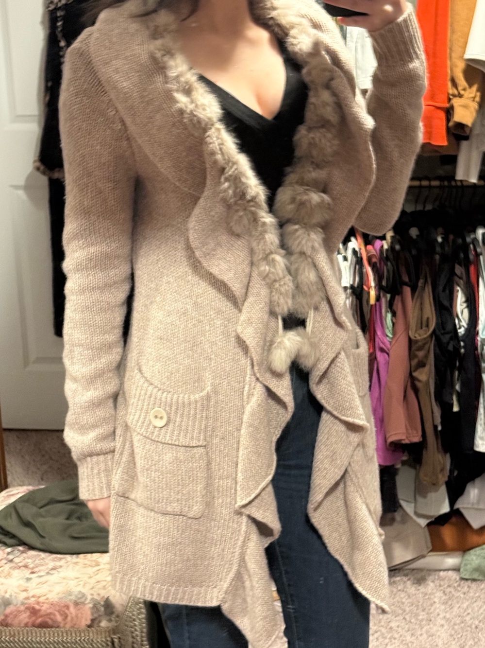 Cozy Faux-Fur Trim Beige Cardigan Sweater